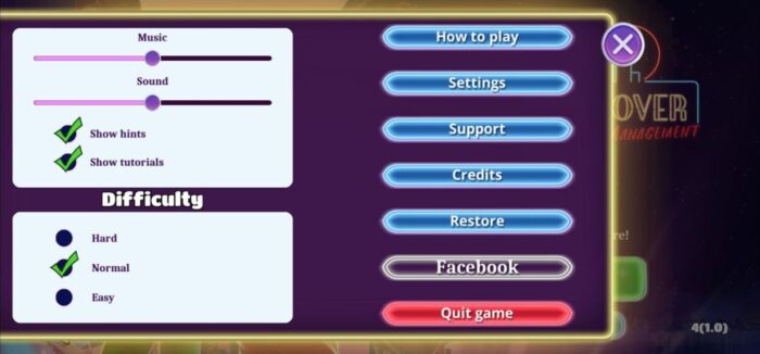game settings screen